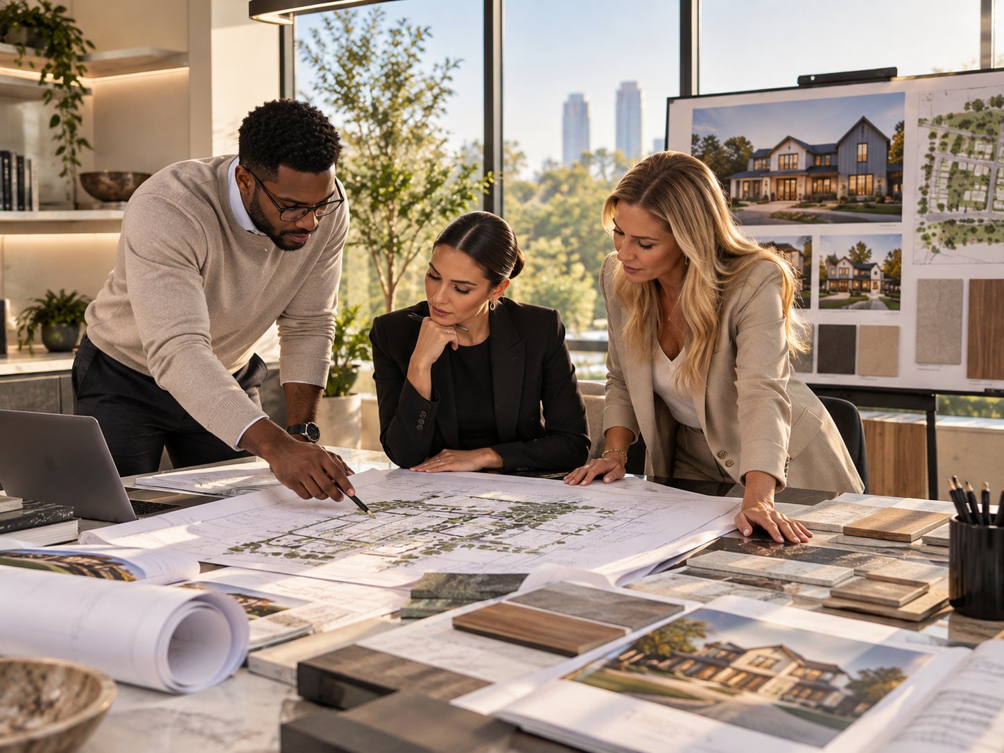 The Byrom team reviewing community plans and material selections around the studio table