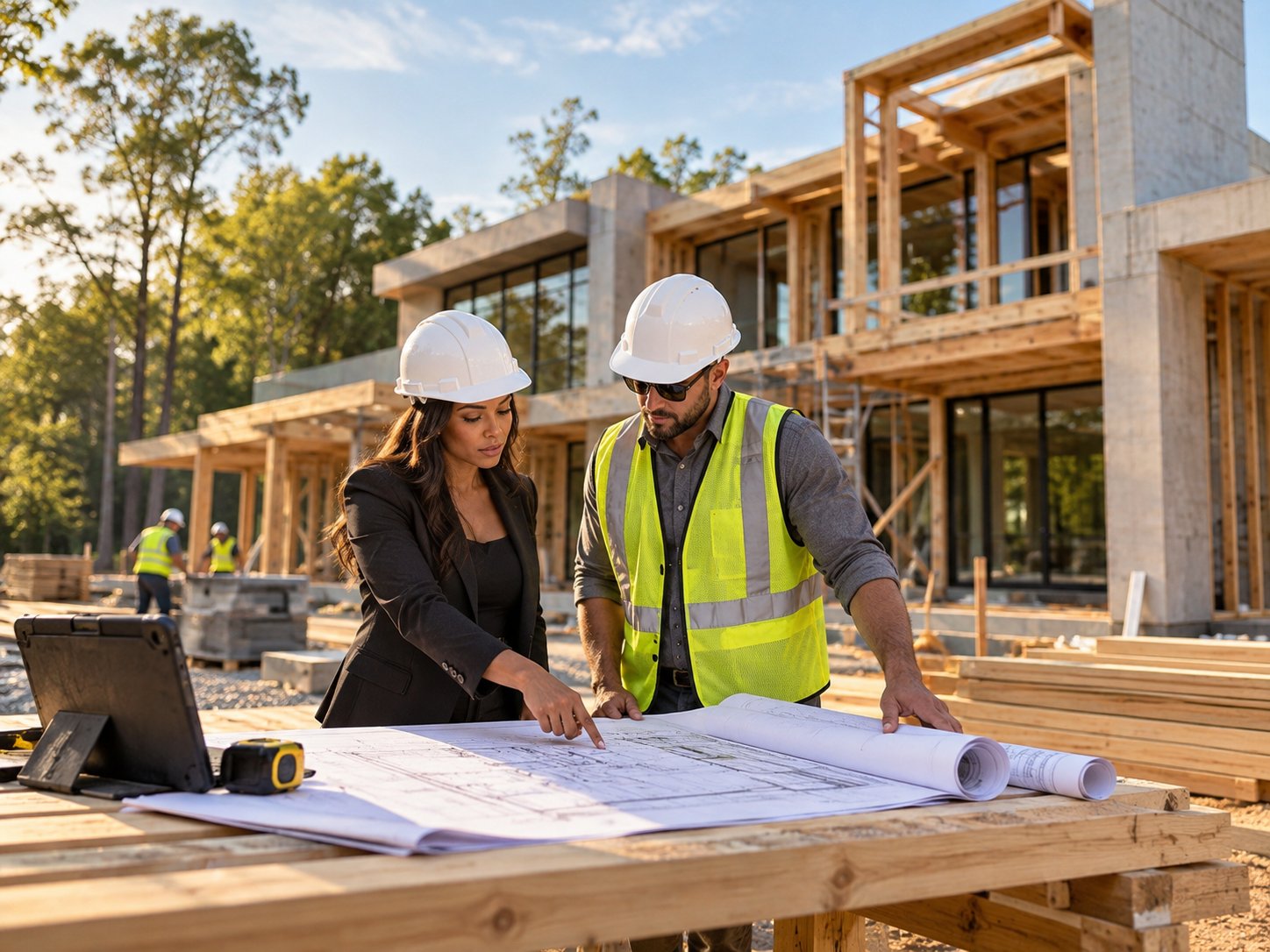 The Byrom team on site, reviewing plans during an active build