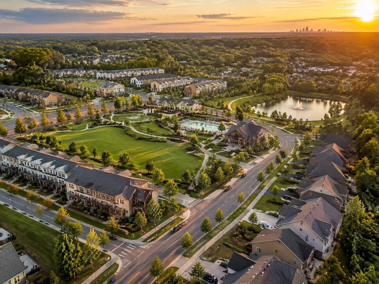 Aerial view of a master-planned community with lake and green space