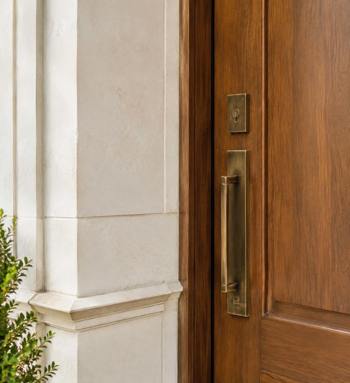 Architectural detail of limestone facade and bronze hardware