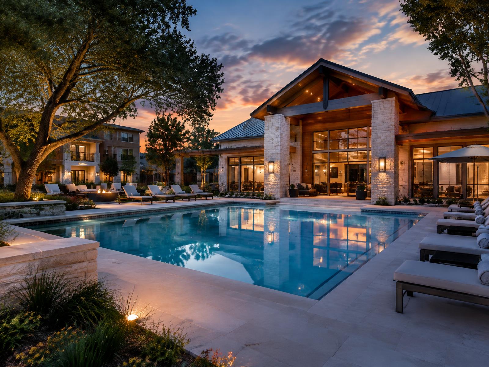 Community pool and clubhouse pavilion at dusk