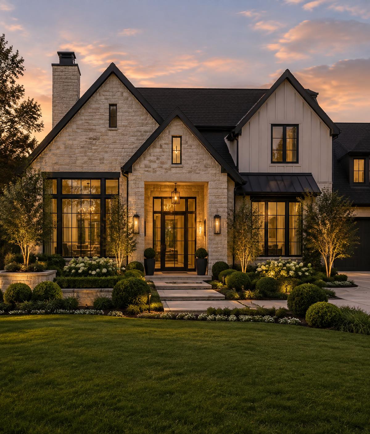 Luxury single-family home with stone facade at twilight