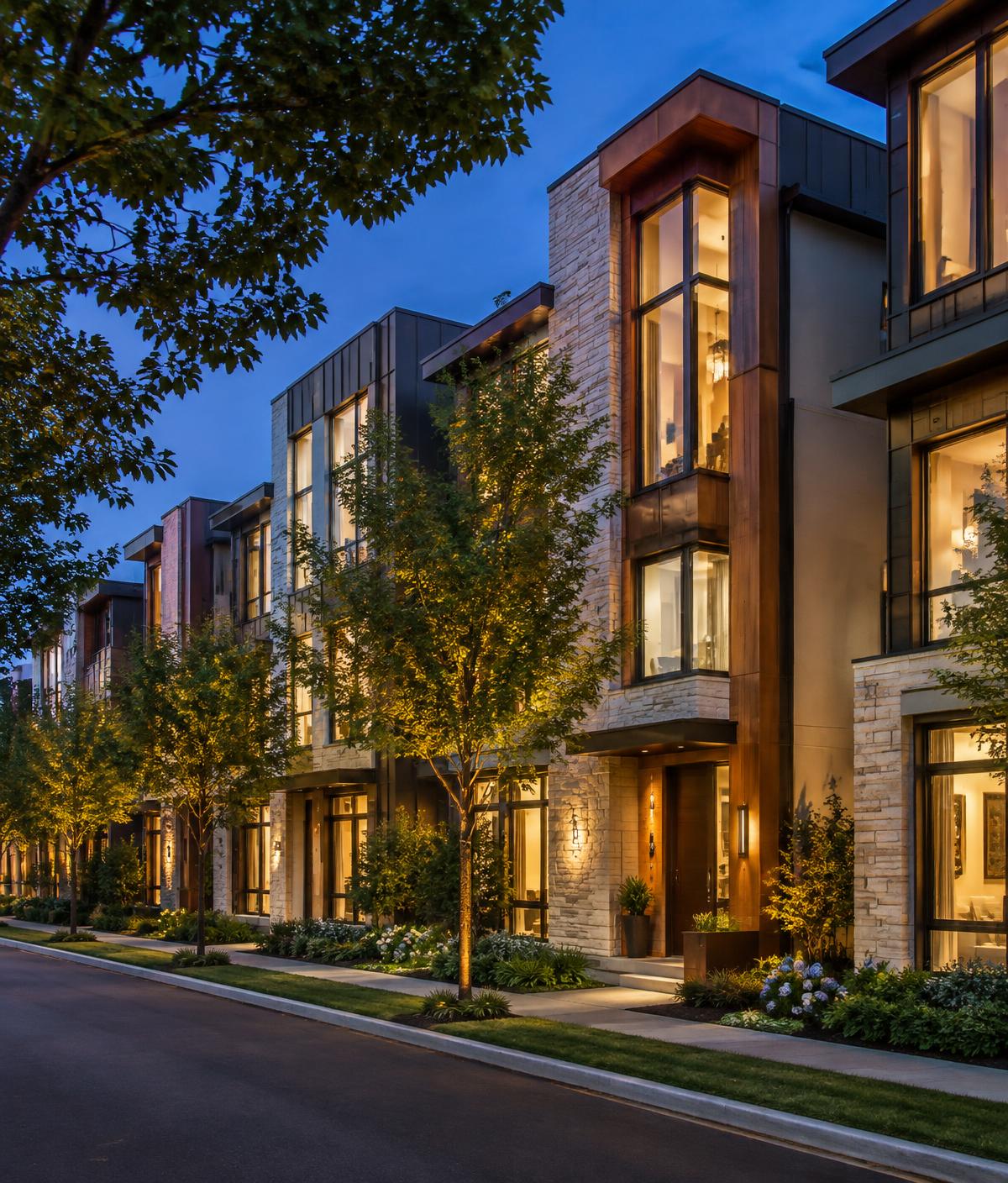 Row of modern luxury townhomes glowing at dusk